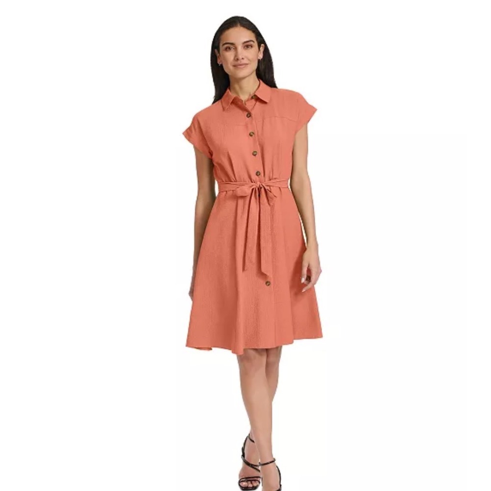 Calvin Klein Shirtdress Women 6 New Melon Orange Tie Belt Cap Sleeve MSRP $134